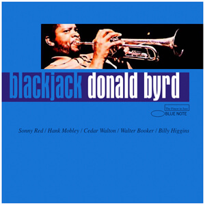 image of donald byrd playing the trumpet with knocked out letters on a bright blue background