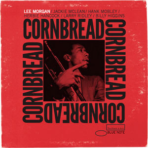 the words cornbread repeated to create a square on a faded red background with an image of lee morgan inside this