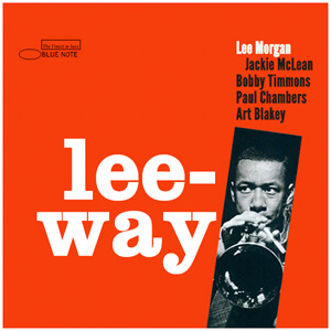 large lettering of the title lee-way, juxtaposed alongside a diagonally clipped image of lee morgan playing a trumpet