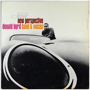 donald byrd leaning on an e-type jaguar with text arranger around