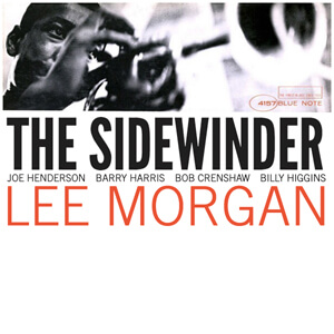 a classic jazz image of lee morgan playing the trumpet with type underneath